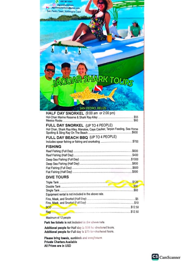 Image of a price list for Jaguar Shark Tours in San Pedro, Belize, featuring snorkeling, fishing, and dive tour options.
