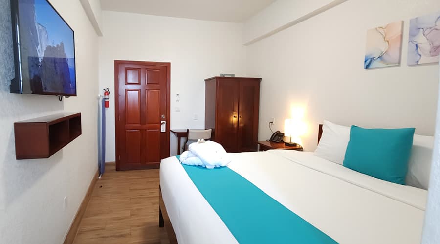 A simple hotel room featuring a large bed, television, desk, and wooden furniture.